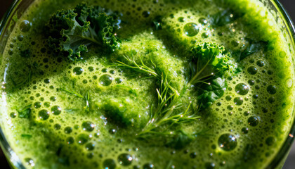 A macro top view of a fresh green smoothie with kale and dill. Healthy vegan detox drink for a wellness lifestyle and nutrition concept