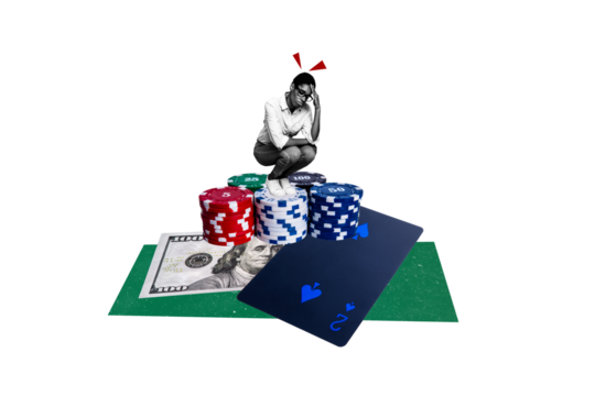 Composite trend artwork 3D sketch image photo collage of casino board playing card betting gambling miniature young lady loss money dollar