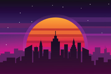 Fototapeta premium Retro cityscape silhouette against a large, colorful sunset
