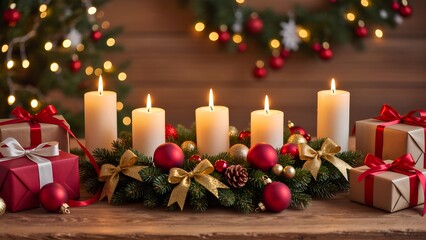 Cozy Christmas Still Life with Pine Branches, Red and Gold Ornaments, and Glowing Candle