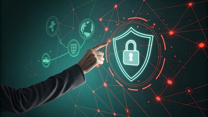Interacting hand with holographic shield padlock icon cybersecurity concept digital environment close-up viewpoint on data protection