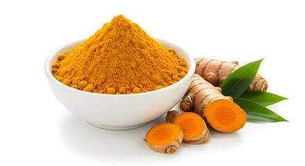 Fresh Turmeric Roots and Ground Powder Isolated on White Background