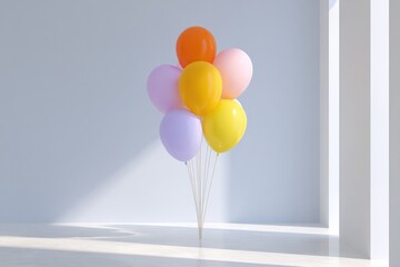 Brightly colored balloons arranged artistically, casting soft sh