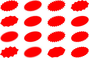 Red shopping labels collection. Sale or discount sticker. Starburst sticker set. Special offer price tag. Supermarket promotional badge. Promo stickers with star edges. Vector.