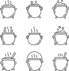 A collection of nine black and white line art icons depicting various cauldrons or cooking pots, many of which are shown bubbling and steaming with potions or stew. 