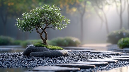 Minimalist garden scene with neatly arranged stones and a single bonsai tree.