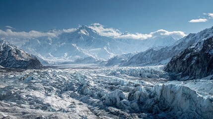 Majestic vista of icy glacier with towering, snow-capped mountains under a clear, blue sky
