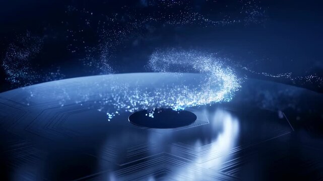 Abstract futuristic technology background glowing blue particle stream flows into a central point on a digital surface this visualizes big data processing information transfer or energy singularity
