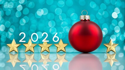 Red christmas bauble with golden stars and 2026 new year decoration

