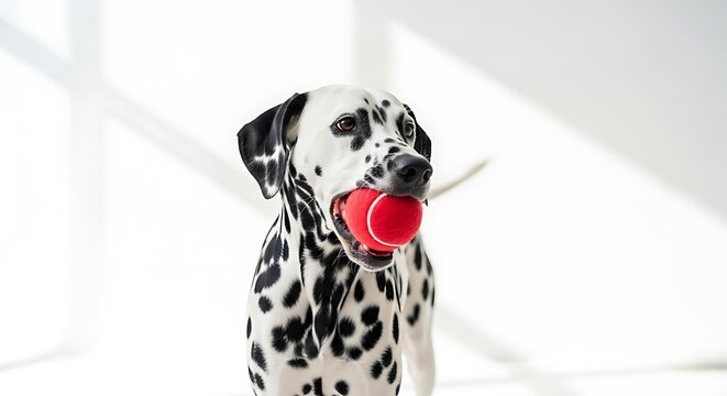 Dalmatian Dog Playing with Red Toy.