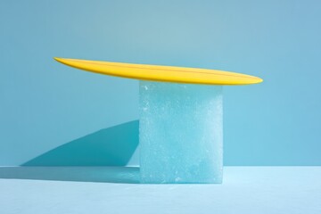 Bright yellow shape balanced on translucent blue base, creating