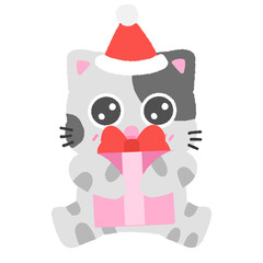 A cat wearing a santa hat and holding a pink present