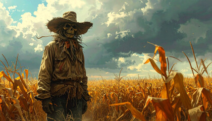 Scarecrow in Cornfield - Halloween Harvest Theme with Cloudy Sky