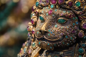 Fototapeta premium Magnificent golden sculpture adorned with countless vibrant gemstones, depicting an intricate mythical creature or deity, showcasing exquisite craftsmanship and rich details.