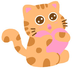 A cat with a pink heart in its mouth