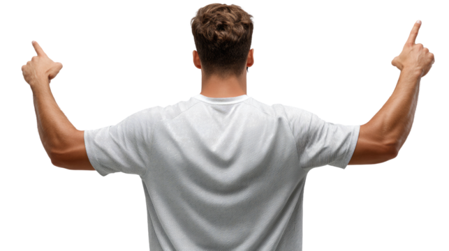 Pointing the Way: A man, captured from behind, confidently gestures upwards with both hands, his arms outstretched in a pose of direction or offering. His stance suggests guidance and purpose.
