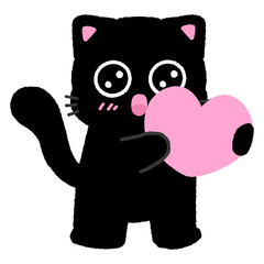 A black cat holding a pink heart