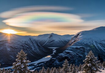 Winter Mountain Landscape with Colorful Clouds.