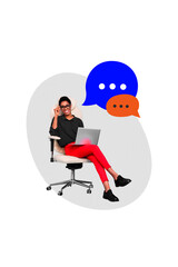 Trend artwork creative sketch 3D photo collage of&nbsp;office manager young lady african race sit armchair hold laptop speech cloud chatting