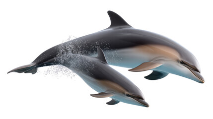 Fototapeta premium Marine Ballet: Two graceful dolphins leap and dance in the vast, open ocean, captured in a stunning underwater photograph revealing their fluid motion and playful interaction. 