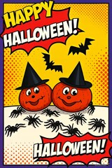 Halloween card with pumpkin and bats in comic book style