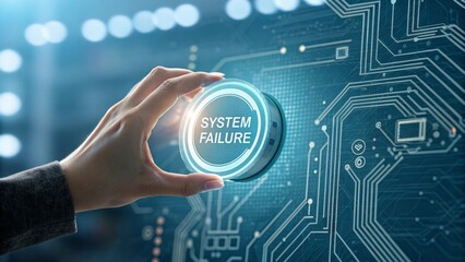 Hand activating a transparent button digital control panel holographic error message abstract circuit board environment focused viewpoint system failure concept