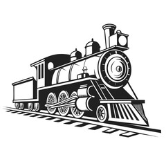 Stylized black and white drawing of a historic steam locomotive on railroad tracks train railway