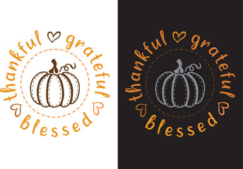 Circular 'Thankful Grateful Blessed' typography with a rustic pumpkin and heart accents, ideal for Thanksgiving, autumn decor, and gratitude-themed designs