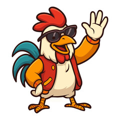 Cartoon rooster with sunglasses waves hello