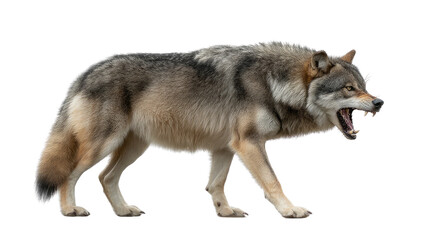 Fototapeta premium Majestic Timber Wolf: A striking timber wolf, radiating power and primal energy, strides confidently across the scene, showcasing its magnificent features.