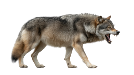  Majestic Timber Wolf: A striking timber wolf, radiating power and primal energy, strides confidently across the scene, showcasing its magnificent features.
