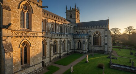 Fototapeta premium Historic stone church exterior with gothic architecture and green lawn at sunrise