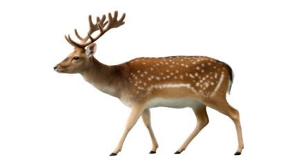 Elegant Fallow Deer in Motion: A majestic fallow deer with its distinctive spotted coat strides gracefully, showcasing its impressive antlers. A symbol of the wild.