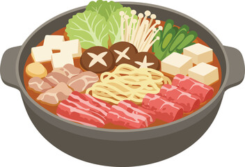 A steaming hot pot filled with an assortment of fresh ingredients including thinly sliced meats, tofu, noodles, mushrooms, and leafy green vegetables.