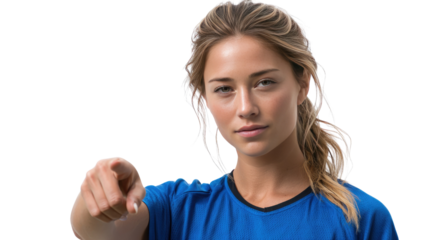 Pointing with Purpose: Confident woman, illuminated by a soft glow, extends her hand and index finger in a direct gesture, creating a captivating atmosphere of empowerment and decisiveness.