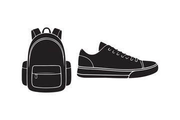 Black silhouette of a backpack and sneaker on white background