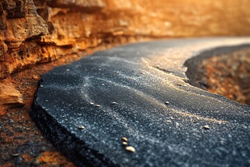 Fototapeta premium A winding, textured asphalt road curves alongside an earthy, sunlit rock wall, disappearing into a soft-focus background, evoking a journey.