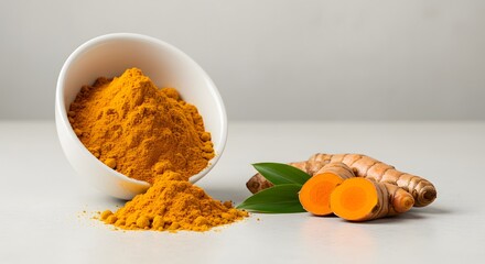Fresh Turmeric Roots and Ground Powder Isolated on White Background