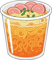 Illustration of a cup of instant noodles with sliced sausage and green onions.