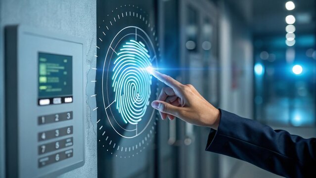 Hand verifying a centered glowing holographic fingerprint scan at access control panel for biometric security blurred background modern technology concept