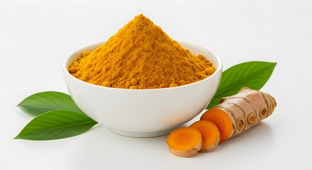 Fresh Turmeric Roots and Ground Powder Isolated on White Background