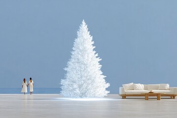 Minimalistic scene features large white tree against serene blue
