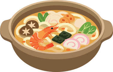 Japanese Nabeyaki Udon Noodle Soup with Shrimp and Vegetables.