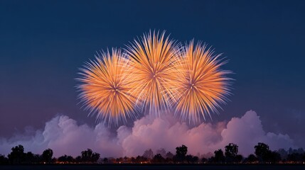 Colorful fireworks burst in sky, illuminating clouds and creatin