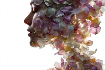 A beautiful woman's profile emerges from a cascade of delicate, translucent flower petals in soft pastel hues, evoking natural beauty and serene elegance.