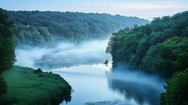 Peaceful river flows through dense misty forest with reflecting serene sky for creating tranquil ethereal landscape morning nature scenery concept