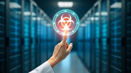 Human finger activating glowing biohazard virus alert in futuristic server room digital technology and security concept