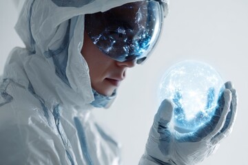 A scientist in a futuristic suit and visor studies a glowing data sphere, symbolizing AI, global networks, and technological innovation.