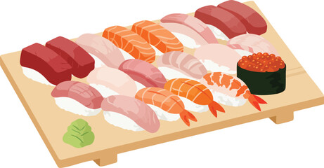 A wooden board filled with an assortment of fresh nigiri sushi, including tuna, salmon, shrimp, and roe, served with a dollop of wasabi.