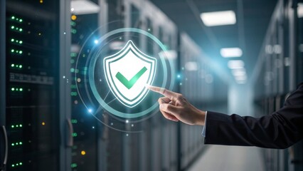 Interactive shield icon with green checkmark in secure data center digital data protection concept professional environment with soft bokeh